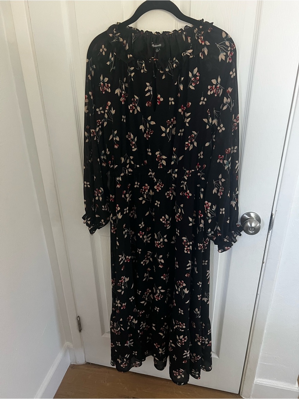 Madewell Black Floral Long Sleeve Midi Dress with Pink and‎ Cream Blooms